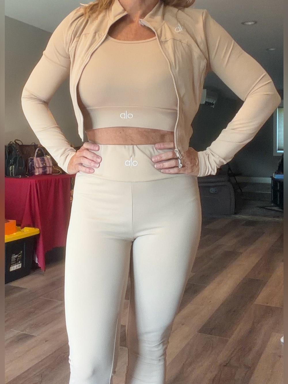 ALO Yoga 3-Piece Legging, Tank, & Crop Jacket Set -Taupe Size M